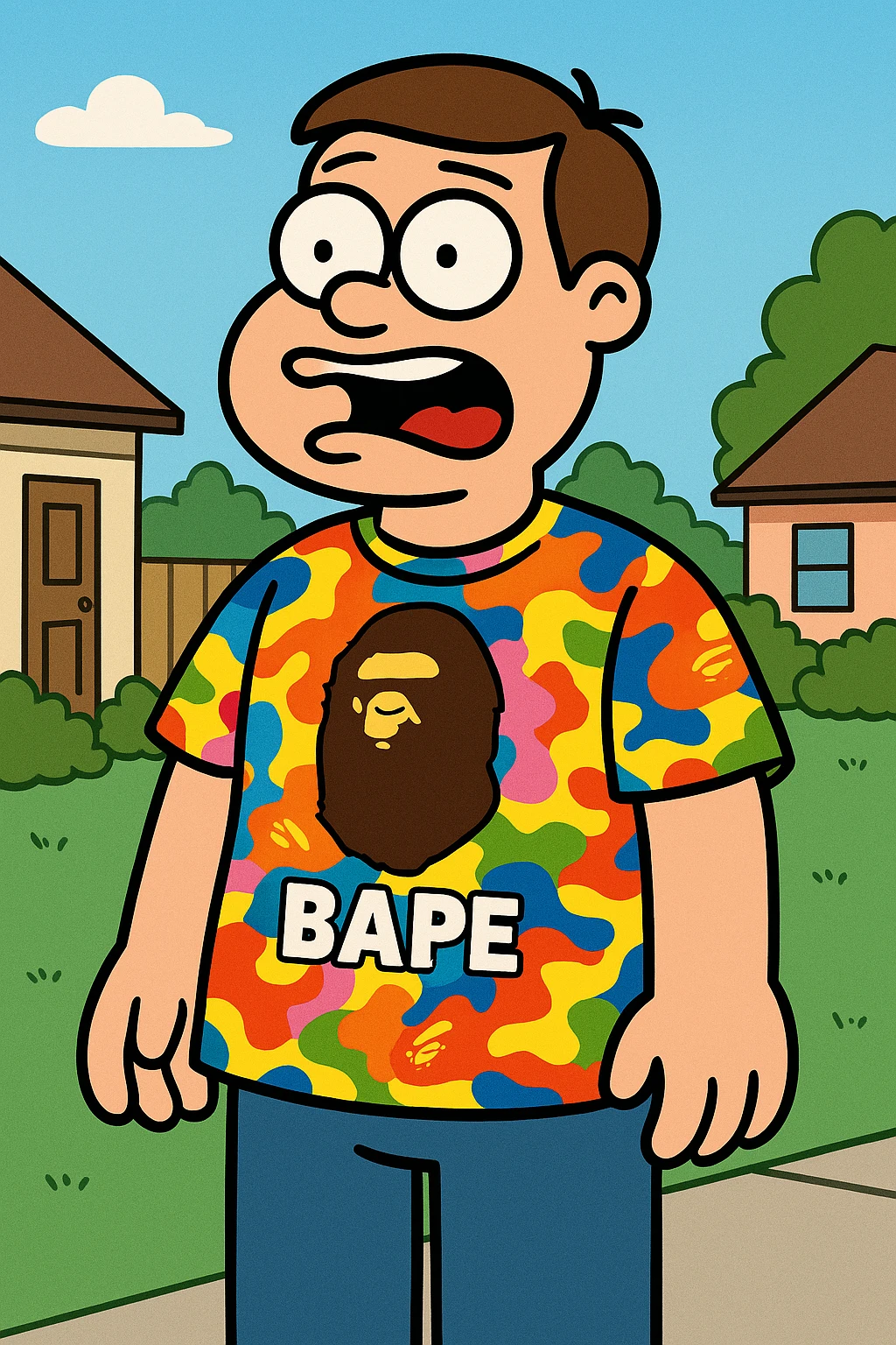 BAPE t-shirt, cartoon style, exaggerated camo print, playful ape head logo, bright and fun colors emoji