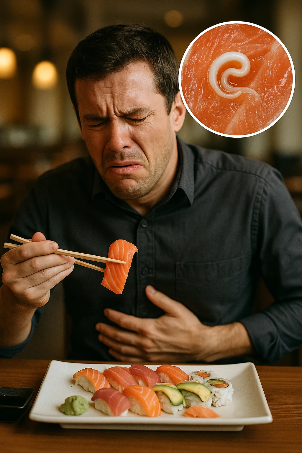 a man sits at a restaurant table, eating a plate of raw fish (such as sushi or sashimi). In a magnified inset, an Anisakis larva is visible inside a piece of fish. The man’s expression changes from enjoyment to sudden discomfort, holding his stomach with a pained look. The background is softly blurred, focusing on the man and the food. in italiano emoji