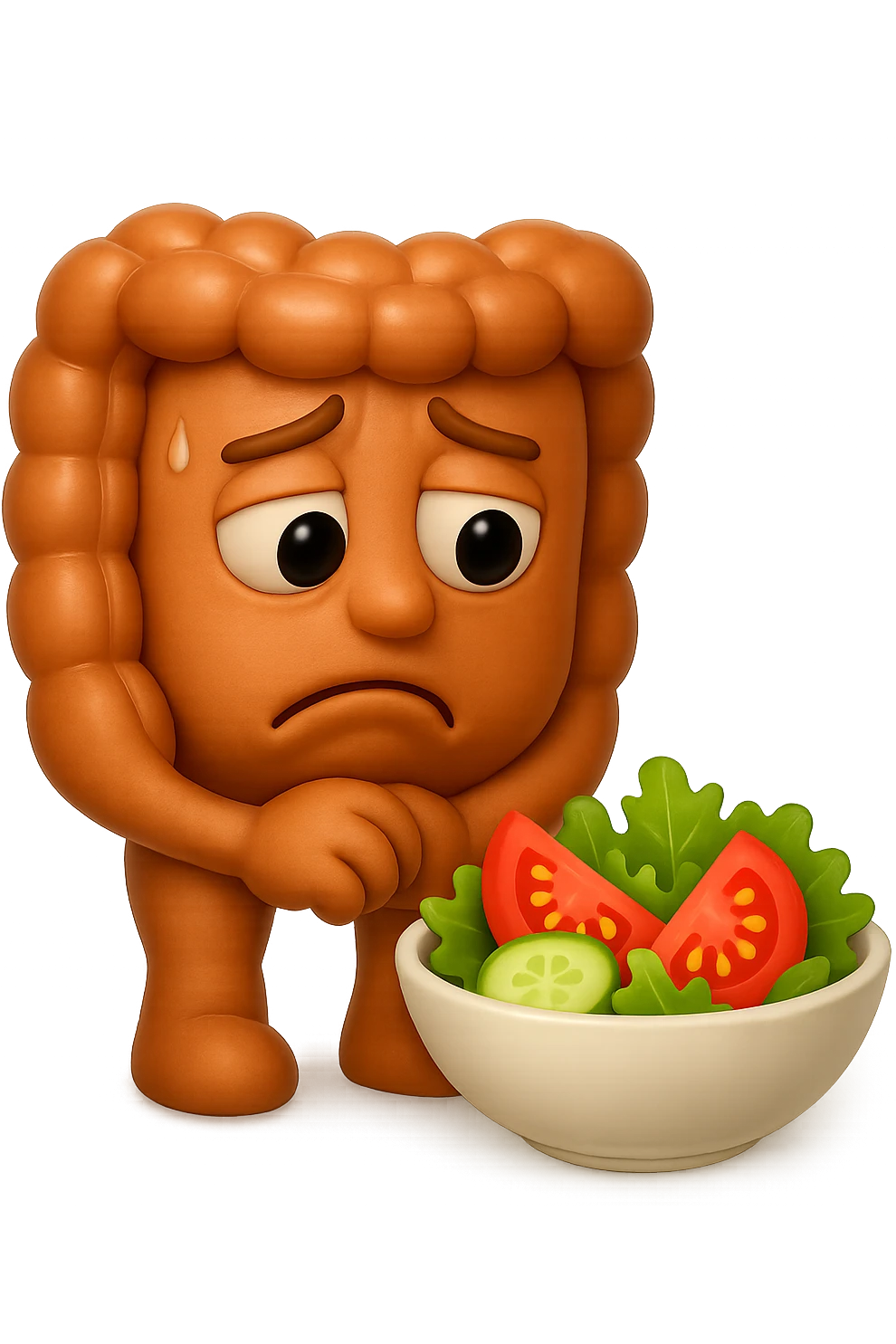 EMOJI STILE IPHONE DI UN INTESTINO UMANO ANATOMICO CHE GUARDA UN INSALATA CON ESPRESSIONE TRISTE E RASSEGNATA IN VOLTO: SOFFRE LA FAME PERCHé è A DIETA, FAGLI ANCHE LA PARTE BIANCA DEGLI OCCHI, NON SOLO LE PUPILLE, IPERREALISTICO 4K emoji