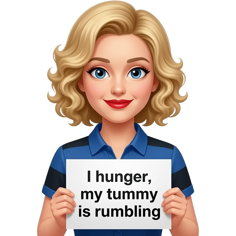 short blonde with spiral curly hair side swept bob with shy smile, red lipstick with a sign saying I hunger, my tummy is rumbling in a blue and black short sleeve blouse emoji