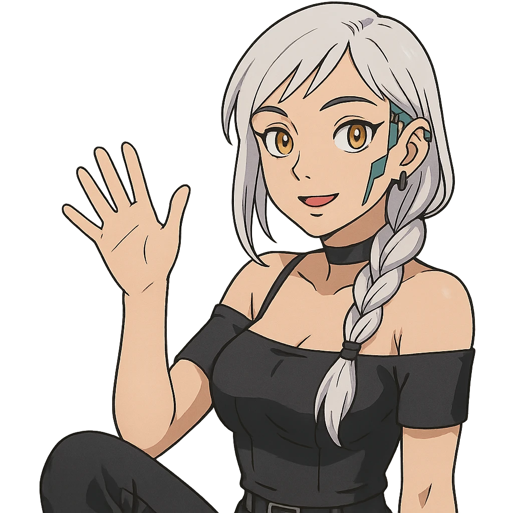  she is waving hello greetings, a closeup portrait of young woman with gold yellow eyes, white hair, long braid, black off-shoulder top d-cup, punk gothic style, futuristic cyberwave cyberpunk, sitting position
 emoji
