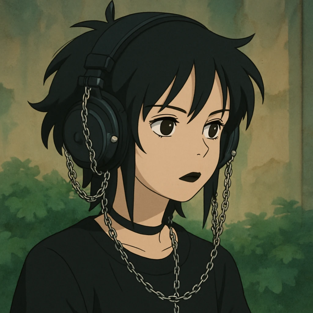 goth headphones, black with chains, ghibli style emoji