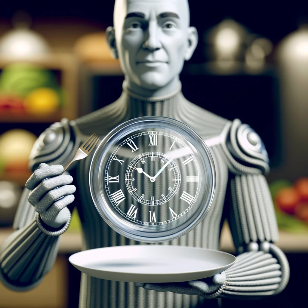 corpo umano anatomico, che tiene in mano un piatto bianco con la lancette di un orologio sopra, figura visibile fino ai fianchi, espressione del volto soddisfatta, sullo sfondo la sua cucina sfocata, iperrealistico 4k emoji