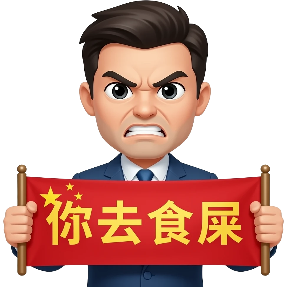 An angry man with a Chinese banner"你去食屎" emoji