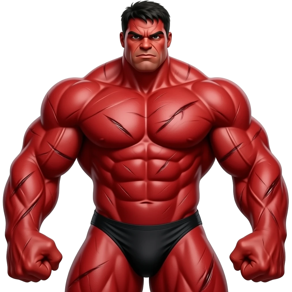 Massive very tall muscular red Hulk in black male bikini full body image realistic flexing 💪 emoji