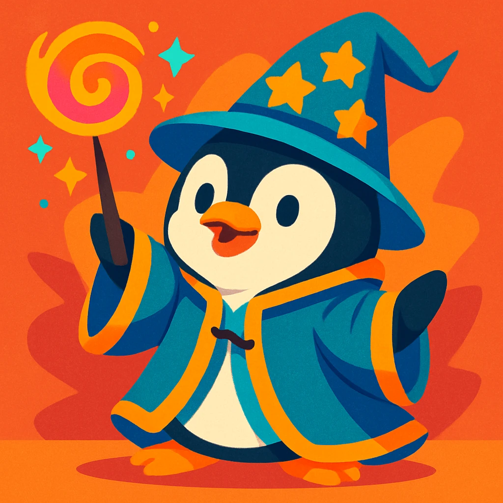 cute penguin wizard casting a spell, wearing a robe and holding a wand, colorful cartoon style, vibrant toon style emoji