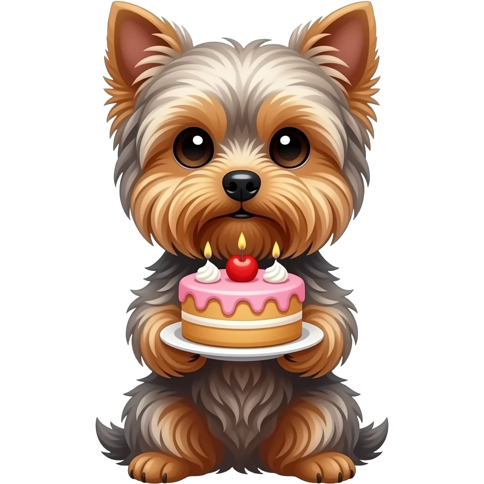 Yorkie dog sitting holding onto a cake emoji