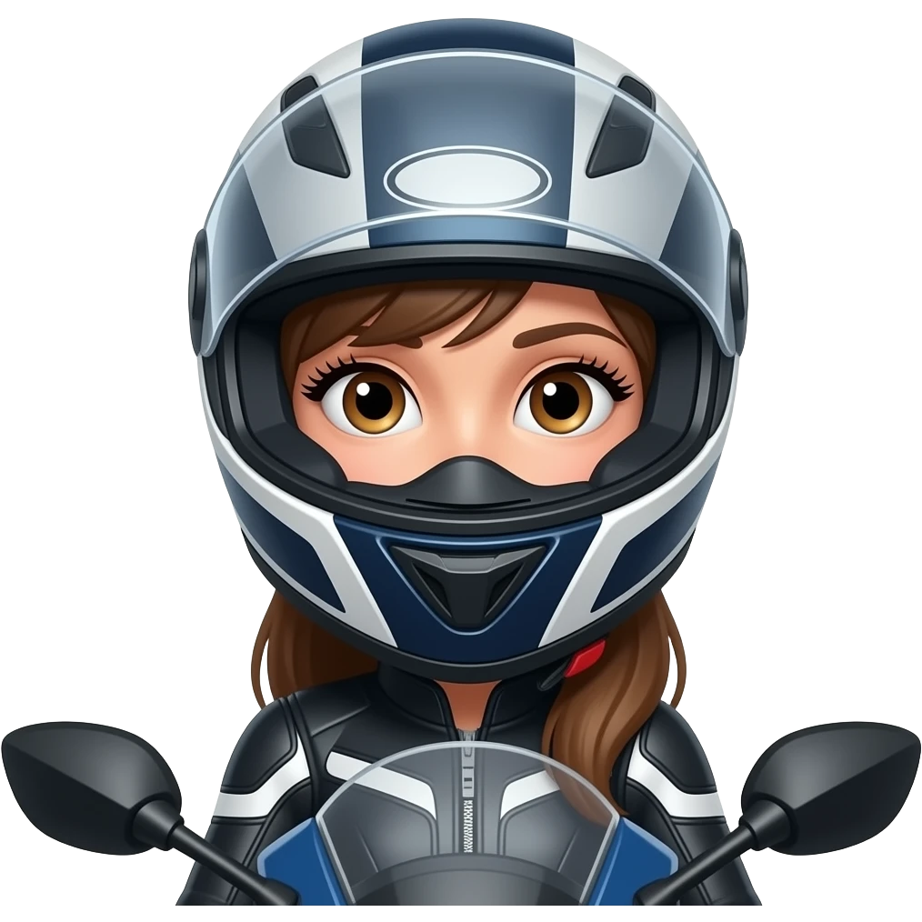 mulher com um capacete de mota que SÓ se ve os seus olhos ou seja a cara é quase toda tapada com o capacete menos os olhos porem aberto e que se veja os cílios bem grandes e a mota ao lado da mulher e a mesma com roupa de motoqueira com os olhos mais relaxados emoji