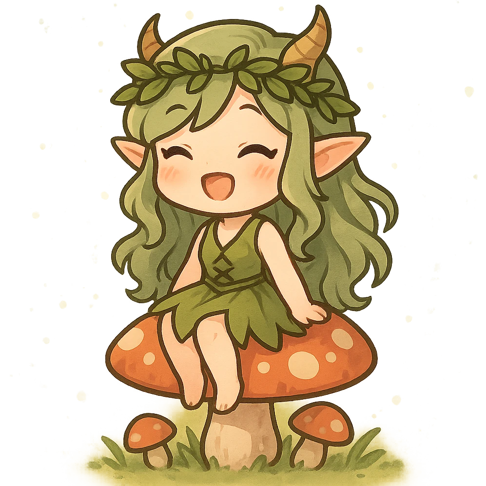 chibi forest nymph with a joyful expression, sitting on a mushroom, magical forest background emoji