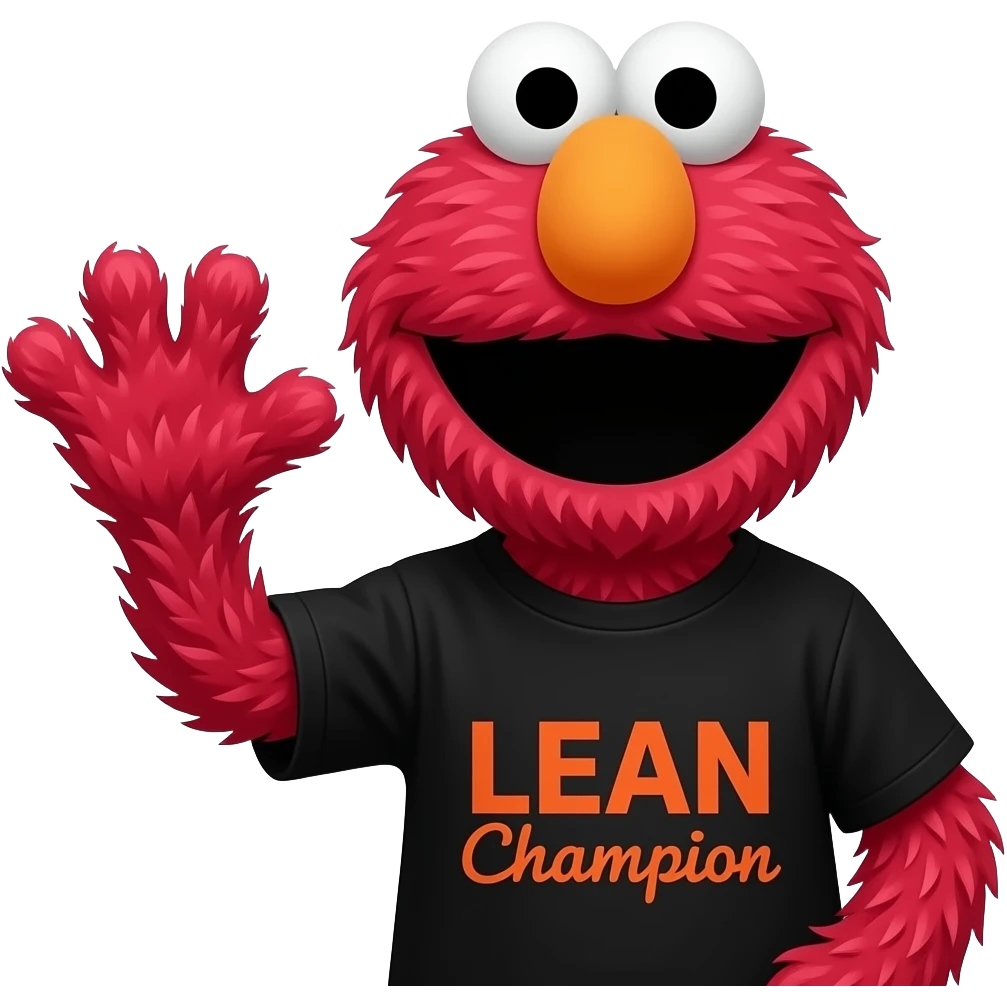 ELMO sesame street, waving with one hand, wearing a Black tshirt on which says "LEAN Champion" in orange font on it emoji