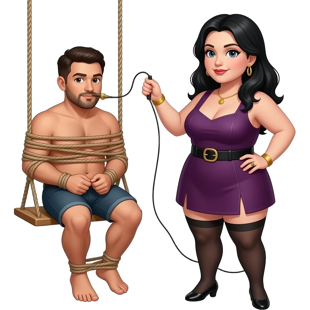 Guy tied up in restrained in sex, swing, plus size dominatrix with black hair whipping and pegging, emoji