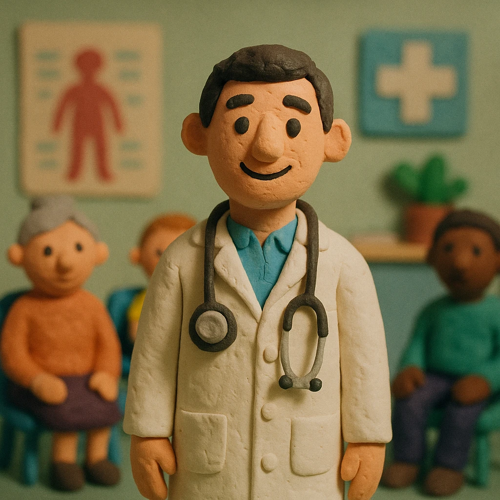 A friendly doctor standing in a busy doctors surgery with patients in the background emoji