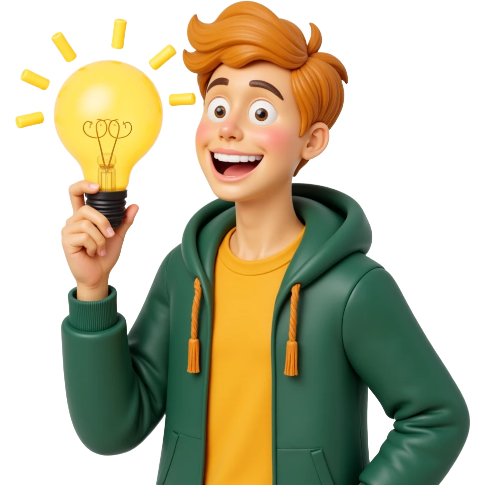 bright and expressive male visionary, fair skin, tousled golden hair, wide joyful eyes, wearing a green hoodie over a yellow tee, one hand raised with a glowing lightbulb, waist-up, front-facing emoji