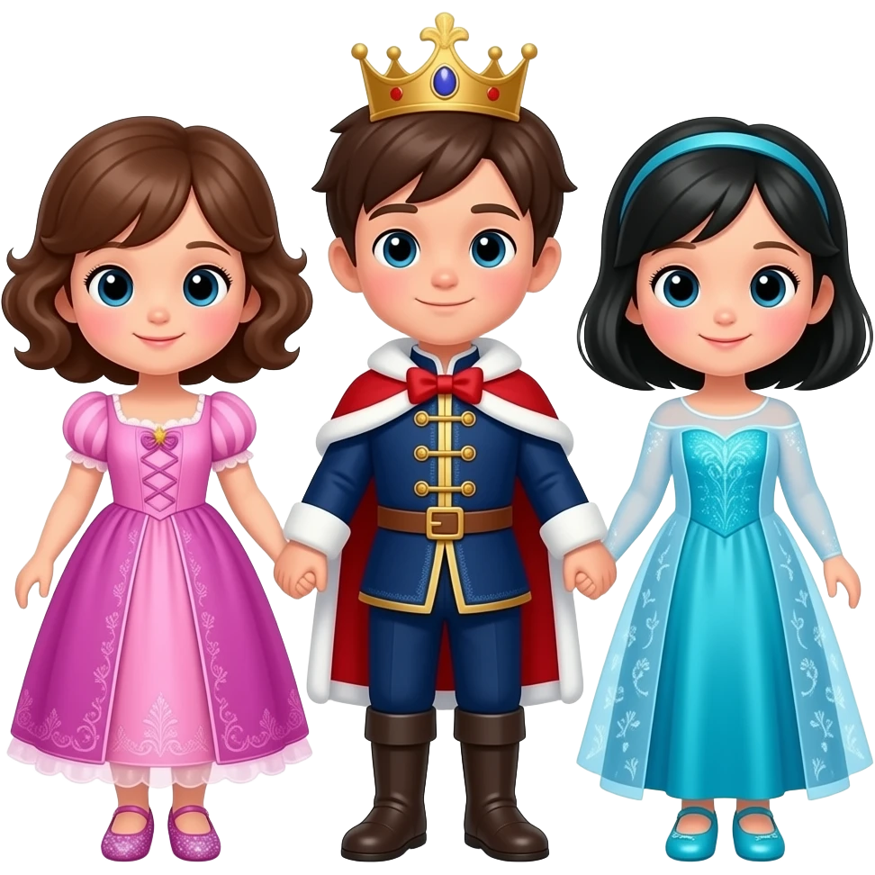 52개월 한국인 세쌍둥이 이모지를 만들어줘. 여아, 남아, 여아 순으로 배치해주고, 서로 손을 잡고 있게해줘. 아이들은 모두 한국인이야. 여자아이들은 공주 드레스를 입었어. 왼쪽 첫째 여아는 귀여운 퐁글한 갈색 곱슬머리 단발기장에 분홍색 라푼젤 드레스를 입었고, 반짝거리는 구두를 신었어.  가운데 남아는 중세 왕자가 입는 남색 멋진 정장을 입고 있어. 오른쪽 여아는 엘사드레스를 입고, 머리는 검정색머리야. 엘사구두를 신고. 귀엽고 사랑스럽게 만들어줘. emoji