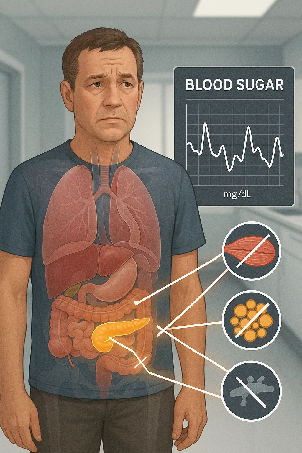 a middle-aged man stands in a clinical setting, with a semi-transparent overlay showing his internal organs. His pancreas is highlighted, and glowing lines or icons indicate disrupted insulin signaling between the pancreas and muscle or fat cells. The man’s expression is slightly concerned, and a digital chart beside him displays fluctuating blood sugar levels. The lighting is realistic, with a clean, modern medical background. emoji
