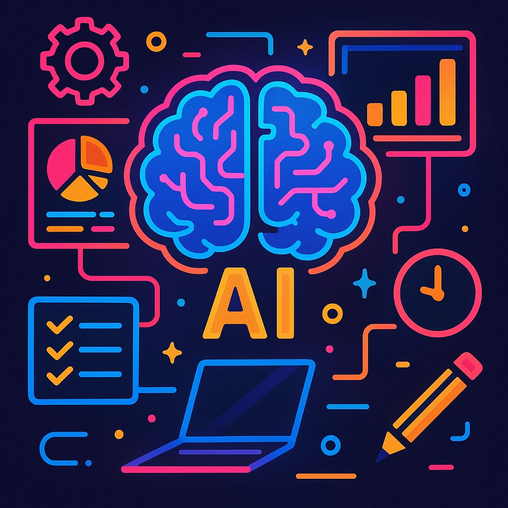 artificial intelligence, futuristic AI brain with multiple screens and tools, managing productivity, neon colors, modern illustration emoji
