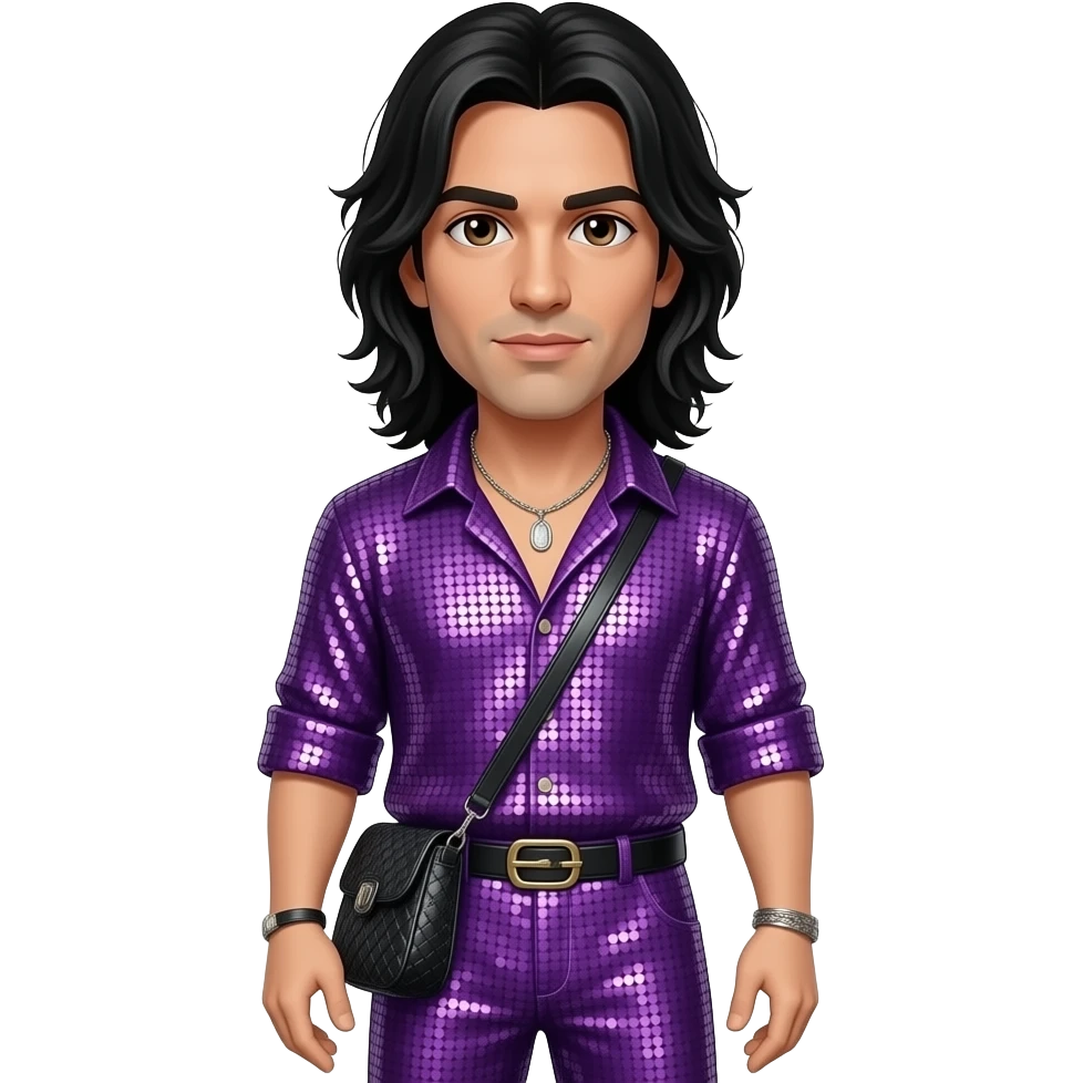 Jonathan Davis with brown eyes, long black hair, purple sequin shirt, purple sequin baggy pants, necklace emoji