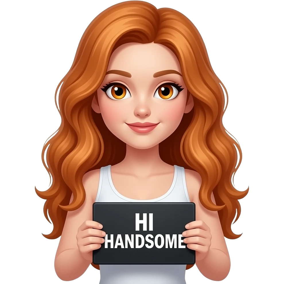 sexy girl with long wavy ginger hair and ginger eyes wearing a white tanktop is holding a black colored sign with HI HANDSOME written on it emoji