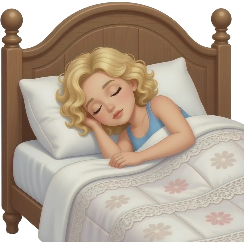 blonde tight curly hair in a short bob sleeping on an antique bed emoji