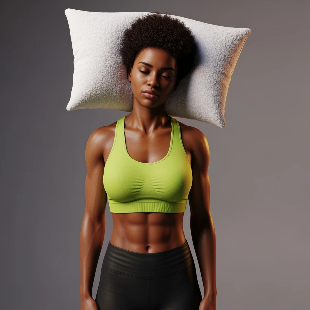 DONNA FITNESS IN PIEDI CON CUSCINO DIETRO LA TESTA MENTRE PROVA A DORMIRE, IPERREALISTICA 4K, SENZA SFONDO emoji