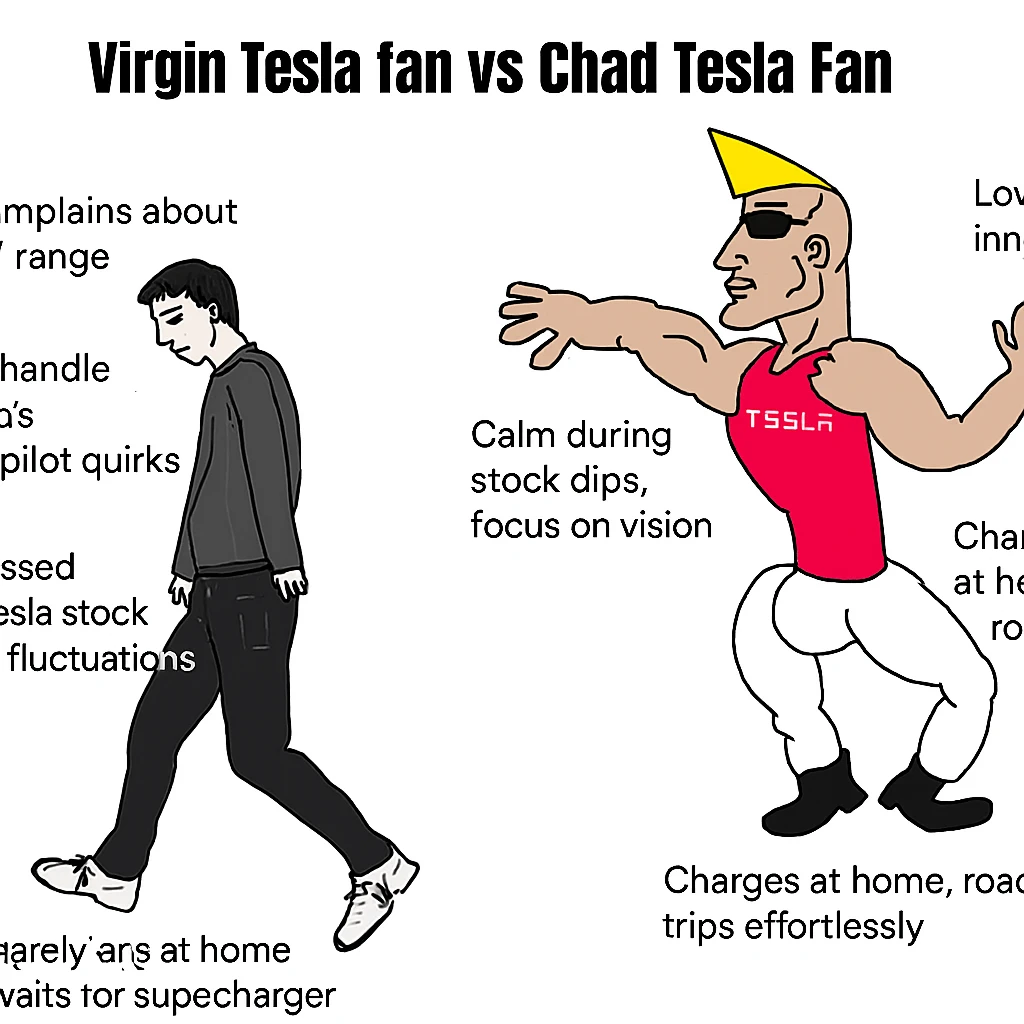 make virgin vs chad meme on tesla fan in above style  emoji