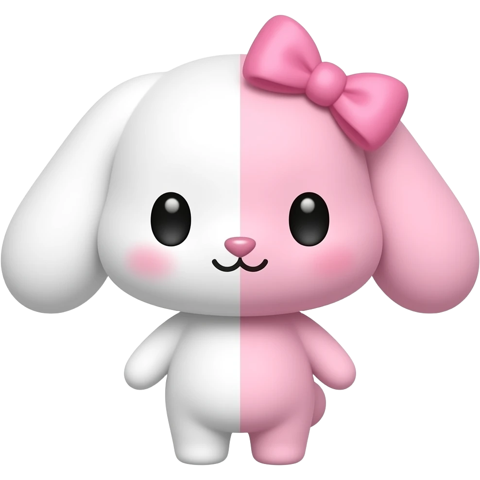 Um coelho de pelúcia metade branco é rosa as duas metafes com a cara fofa lacinho rosa na cabeça ela se chama monomi emoji