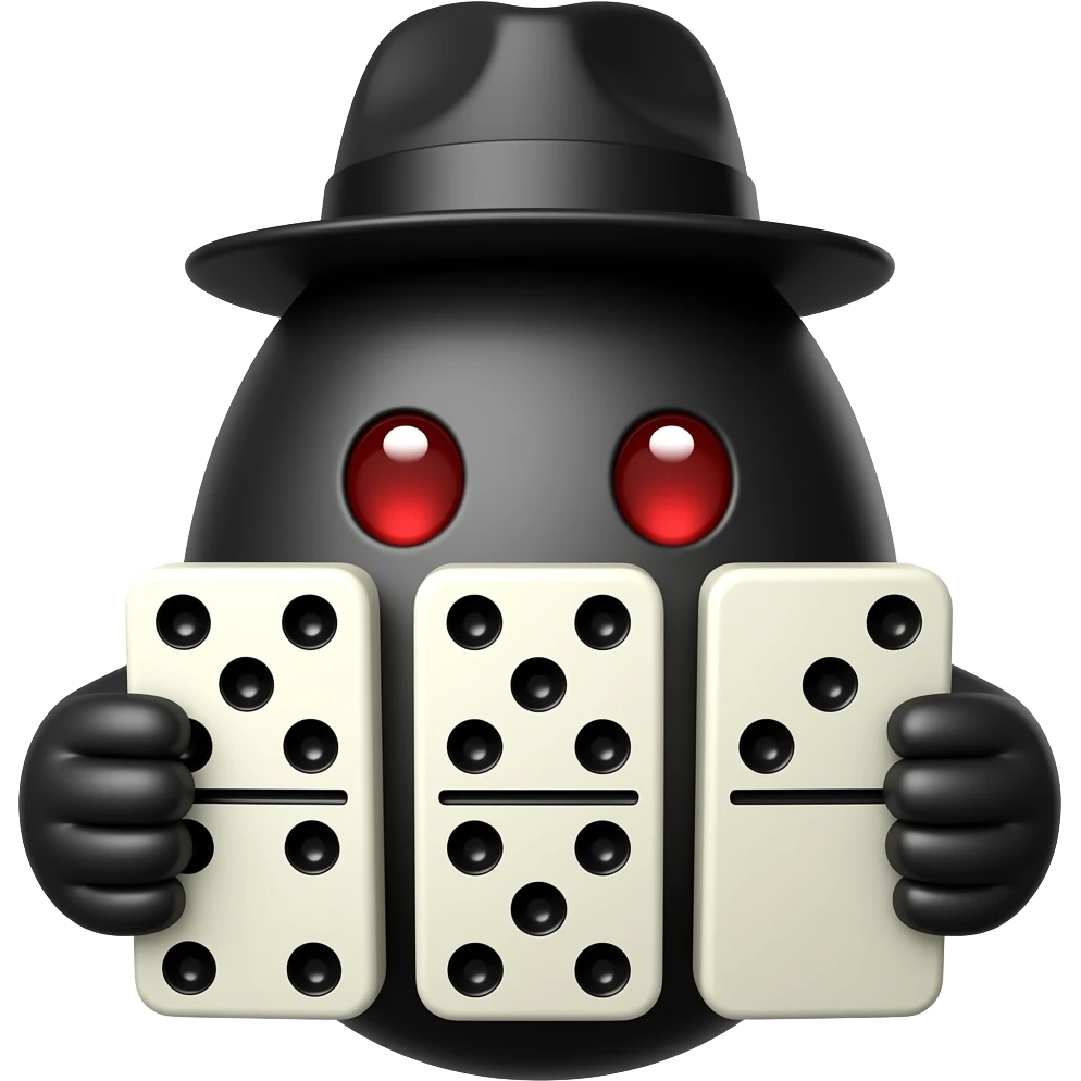 um ovo preto com 2 olhos vermelhos com chapeu  com 3 dominos emoji