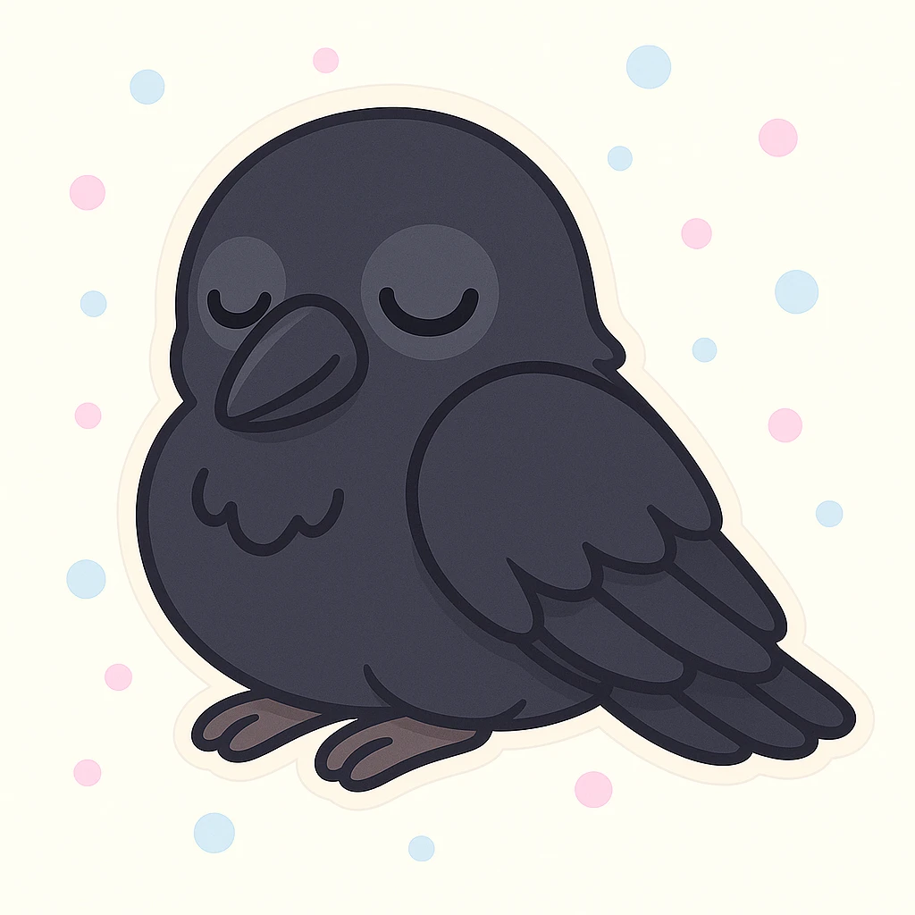 Make the raven a much darker color, nearly black, while keeping it cute and sleepy in chibi stickers style. emoji