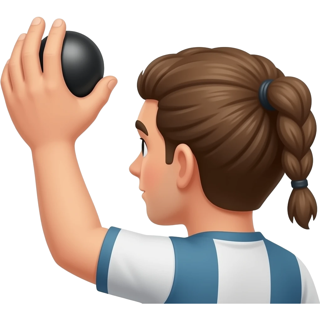 Handrücken oben Junger dynamischer männlicher mit kurzen Zopf  petanque spieler kurz vor dem abwurf der schwarzen kugel emoji