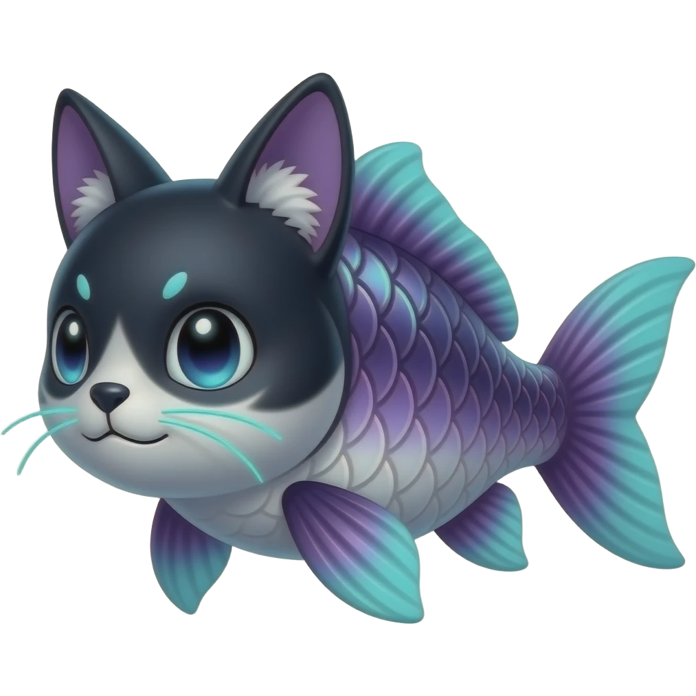 Realistic elegant furry iridescent-scaled slim smooth shiny glossy elegant mature bioluminescent oil-dark, purplish, neon-cyan-accented, fishy back-finned, abyss-fantasy-Koi-Carp-Lykoi-Bambino-Vaporeon-Umbreon-Civet-Fakémon-fusion, with thin neon-glowing bulb-whiskers, koi-piebald-flecked full body emoji