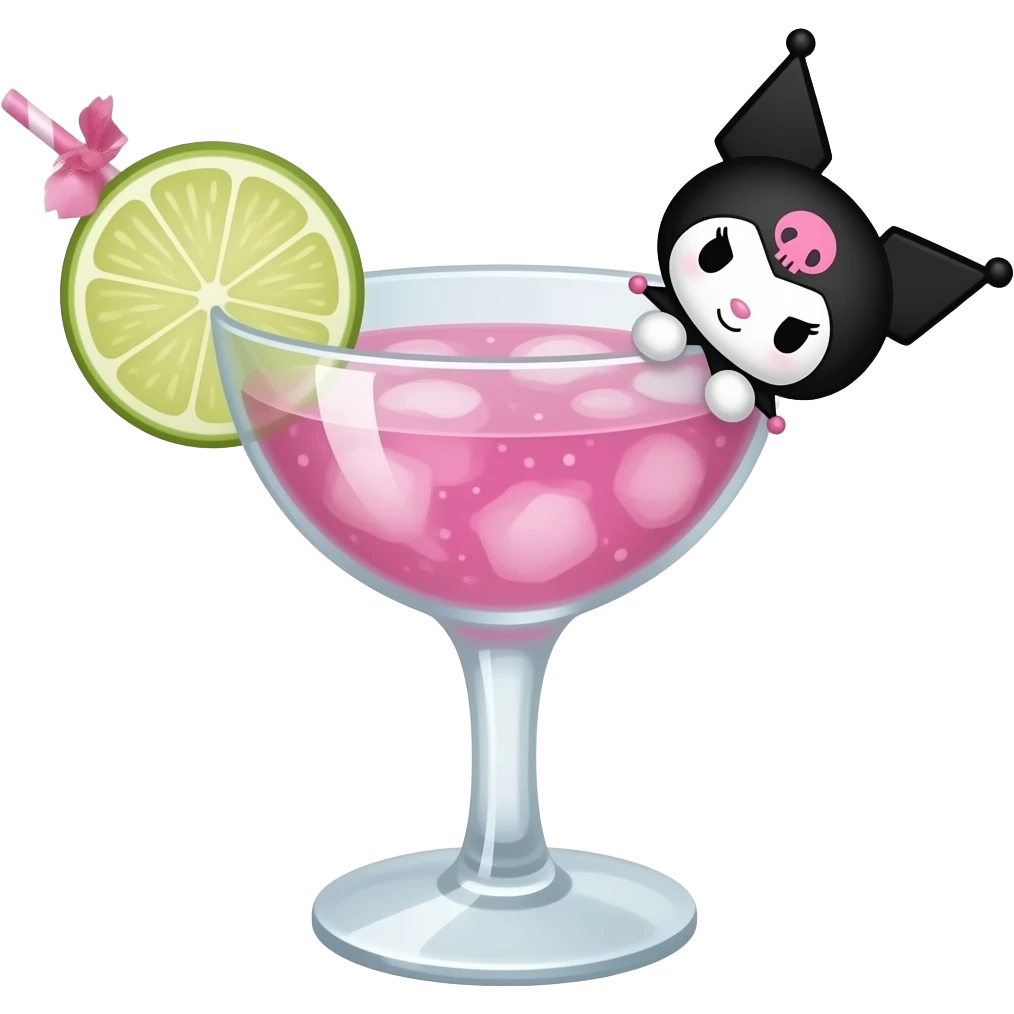 kuromi the sanrio character themed black and pink colored cocktail with actual illustration of kuromi as a garnish emoji
