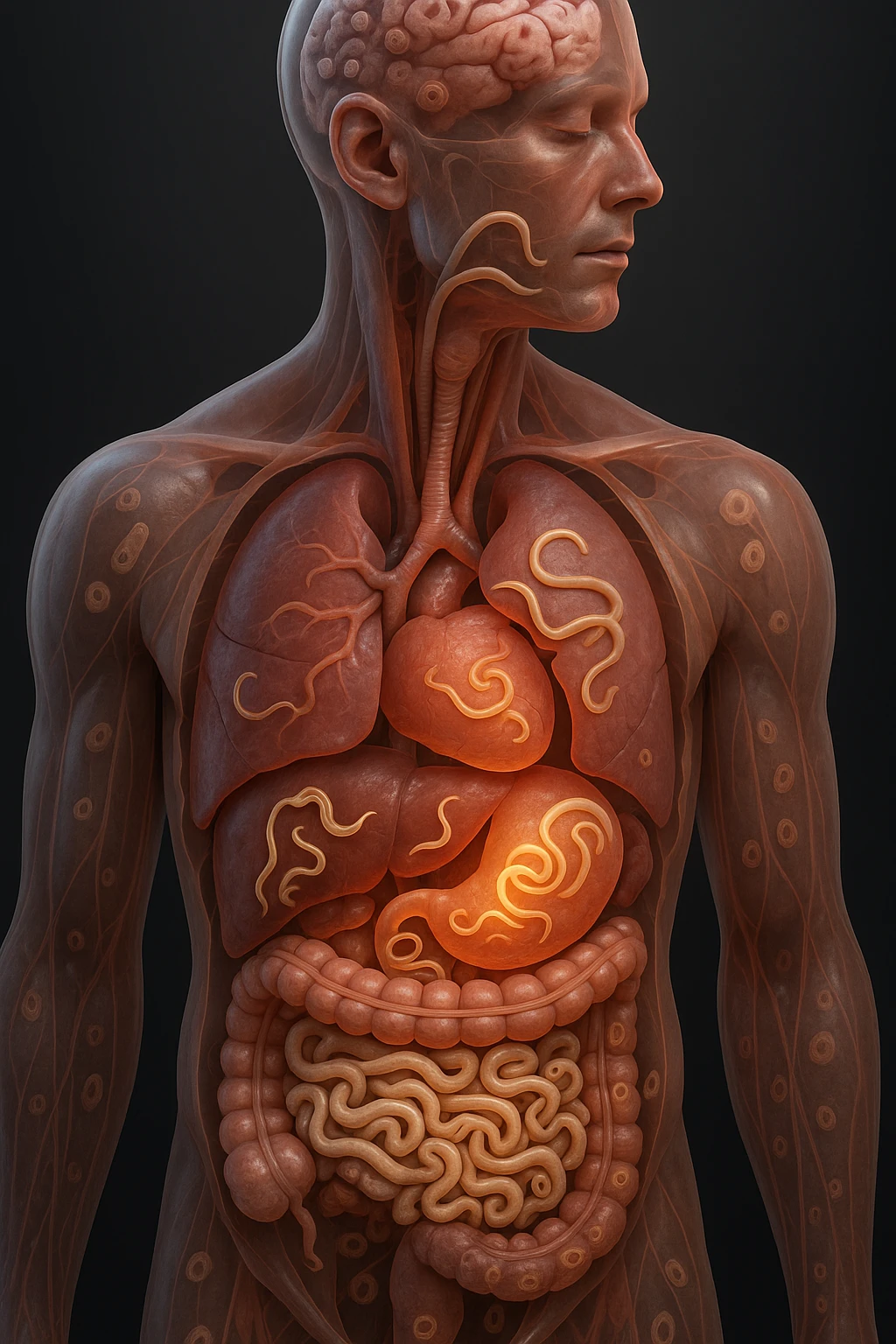 Vertical, hyper-realistic 3D cutaway illustration: the human body is shown in semi-transparent layers, exposing various types of parasites (tapeworms, roundworms, protozoa) inside the digestive tract and other organs. The parasites are rendered in vivid detail, with realistic lighting and shadows. Key areas of infection are highlighted emoji