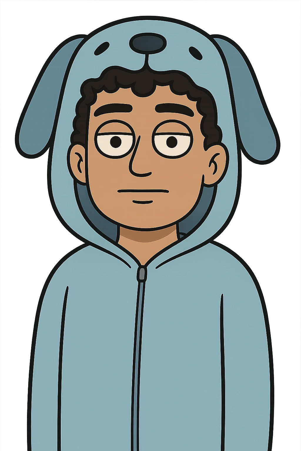 cartoon face of OMZ, blue dog onesie hood, curly black hair, brown eyes, same expression, same line style emoji