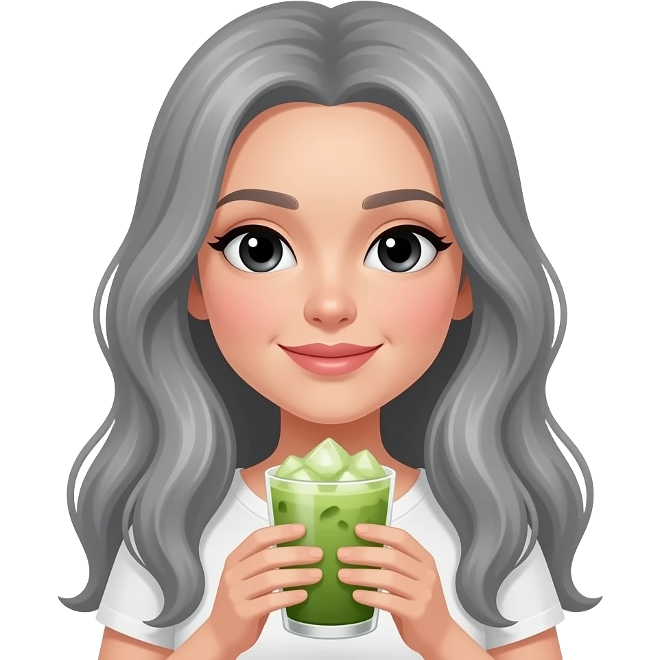 lady with black eyes and grey really long hair holding an iced matcha emoji