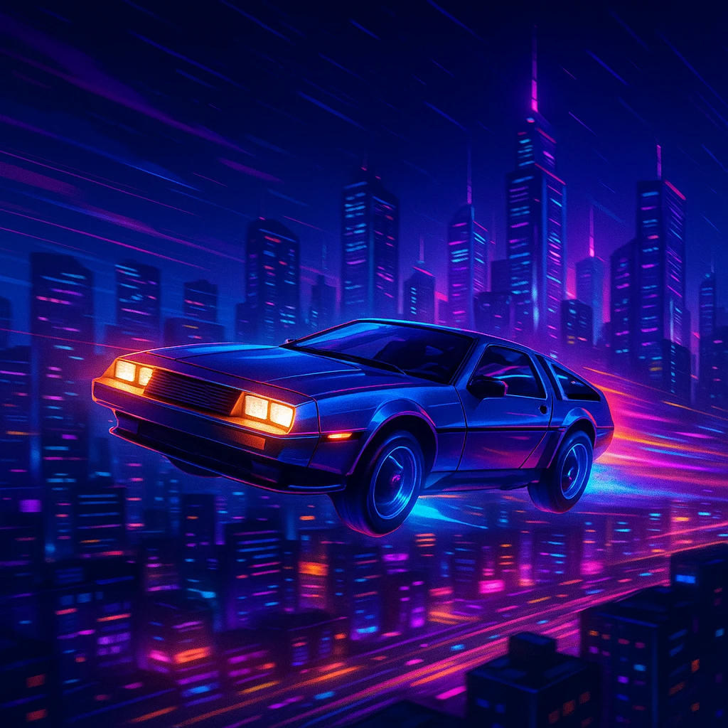 flying car zooming above a glowing cityscape, sci-fi style emoji