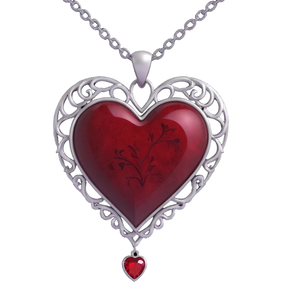 gothic heart, black velvet texture, silver chain, blood red gemstone, ornate and dramatic emoji