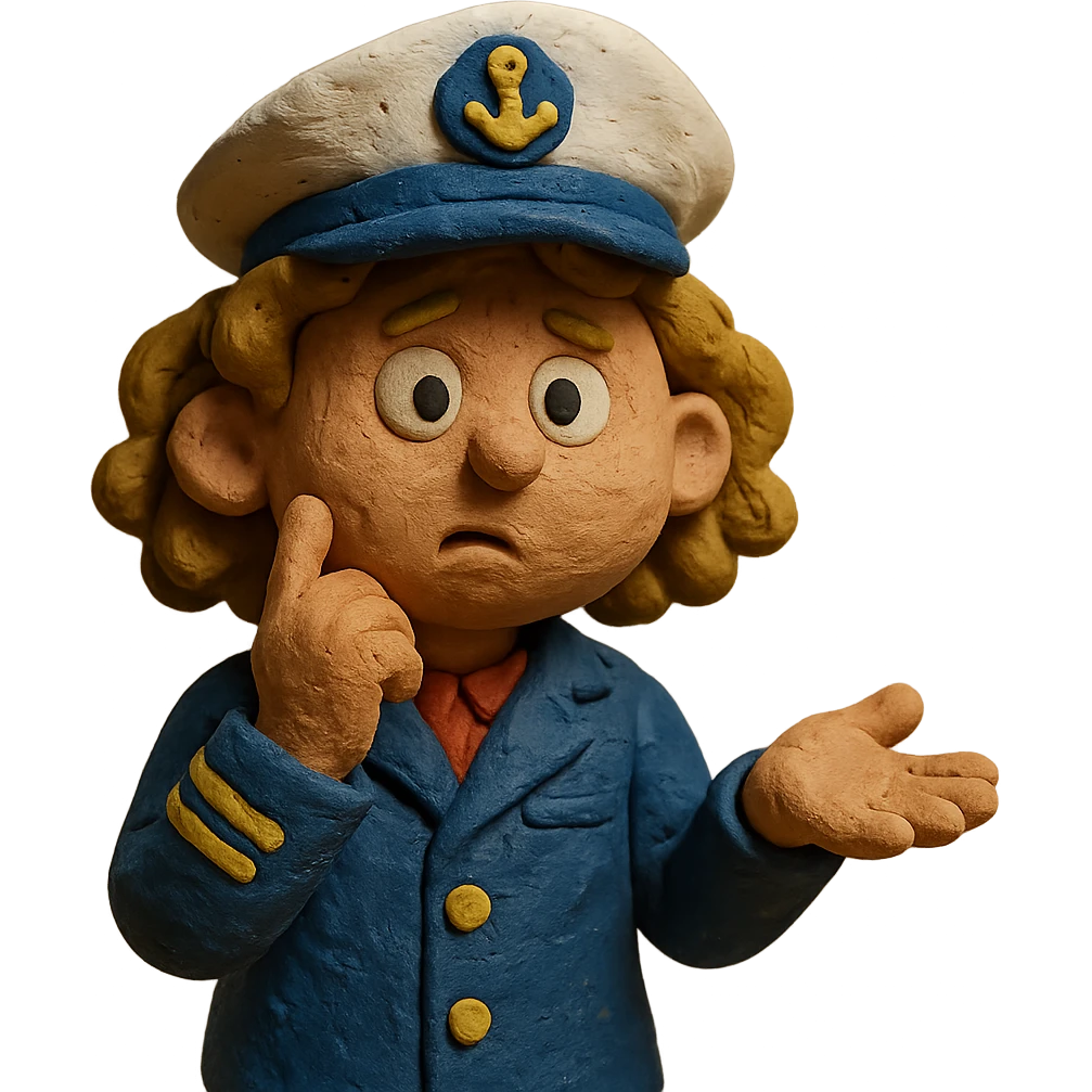 girl with curly dirty blonde hair, cruise captain, questioning pose emoji
