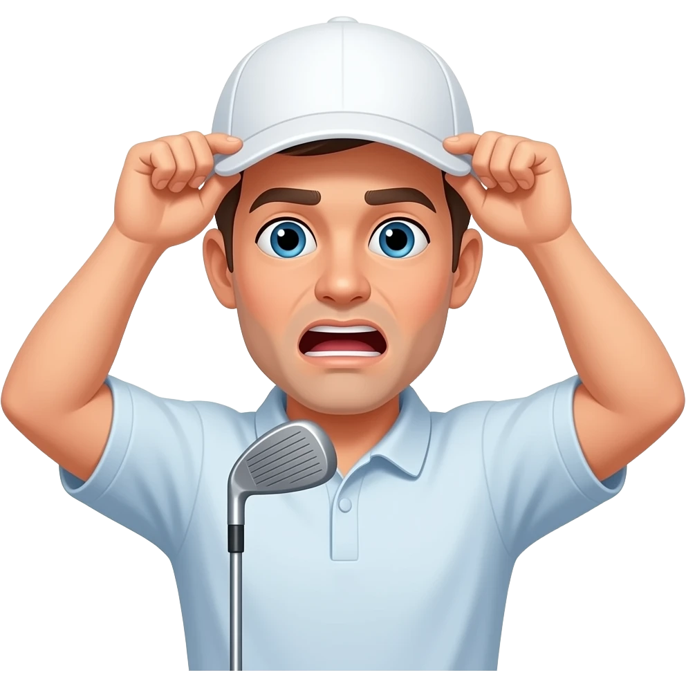 Man holding his neck choking  white golf hatwith two hands golf club emoji