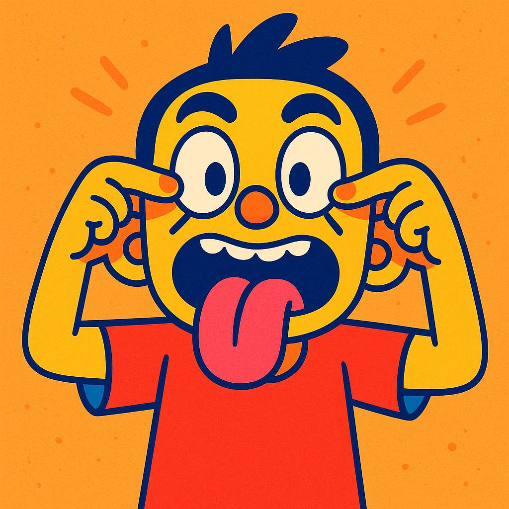 cartoon character performing the eyelid pulling gesture with tongue out, exaggerated expression, vibrant toon style emoji