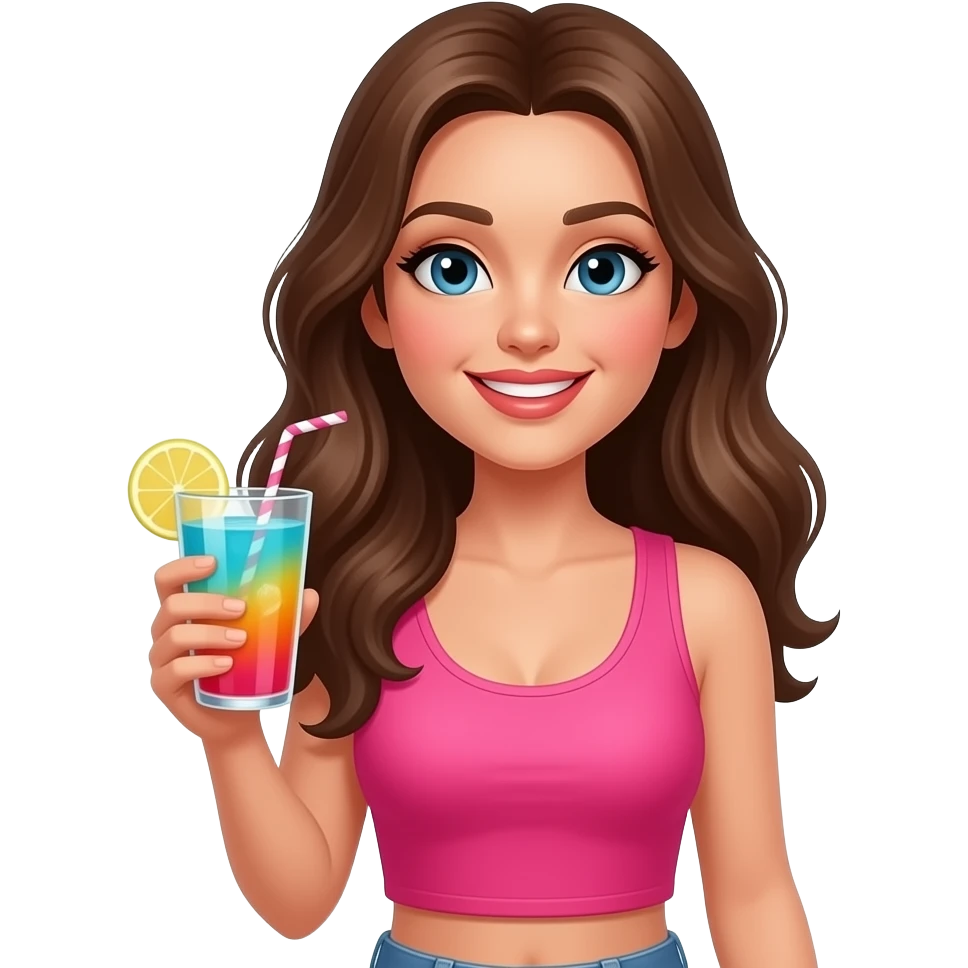 Pretty Happy woman in hot pink crop top and rich with drink in hand and is very beautiful emoji