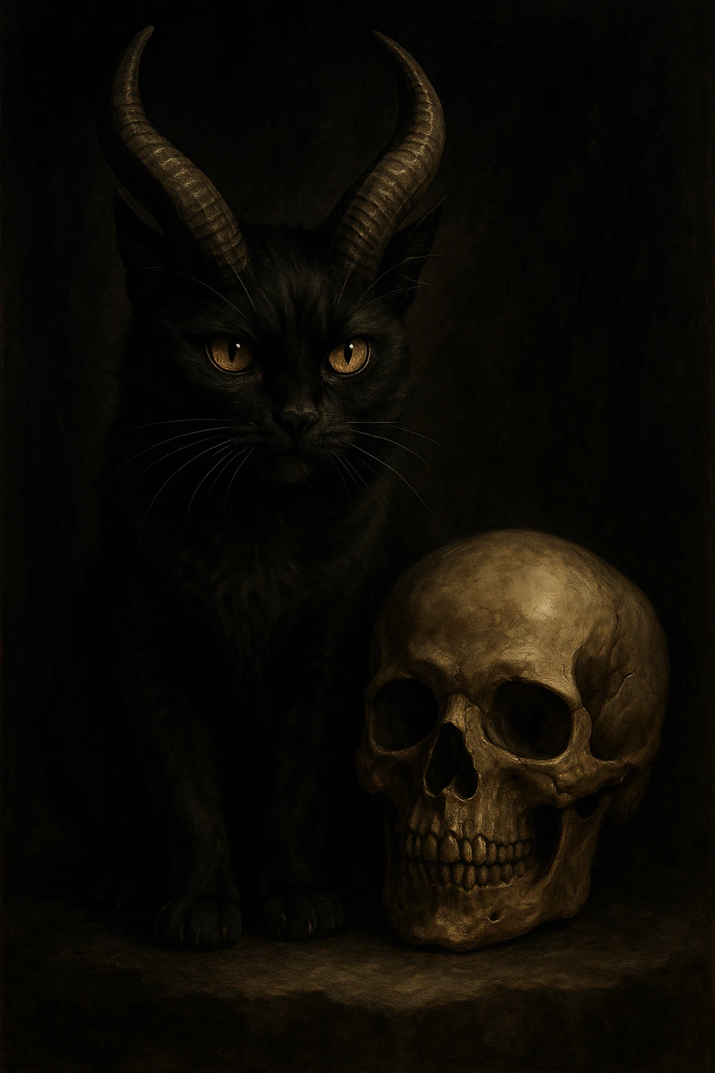 A black cat with large demon horns sitting next to a human skull, highly expressive and bold, dark and gothic atmosphere emoji