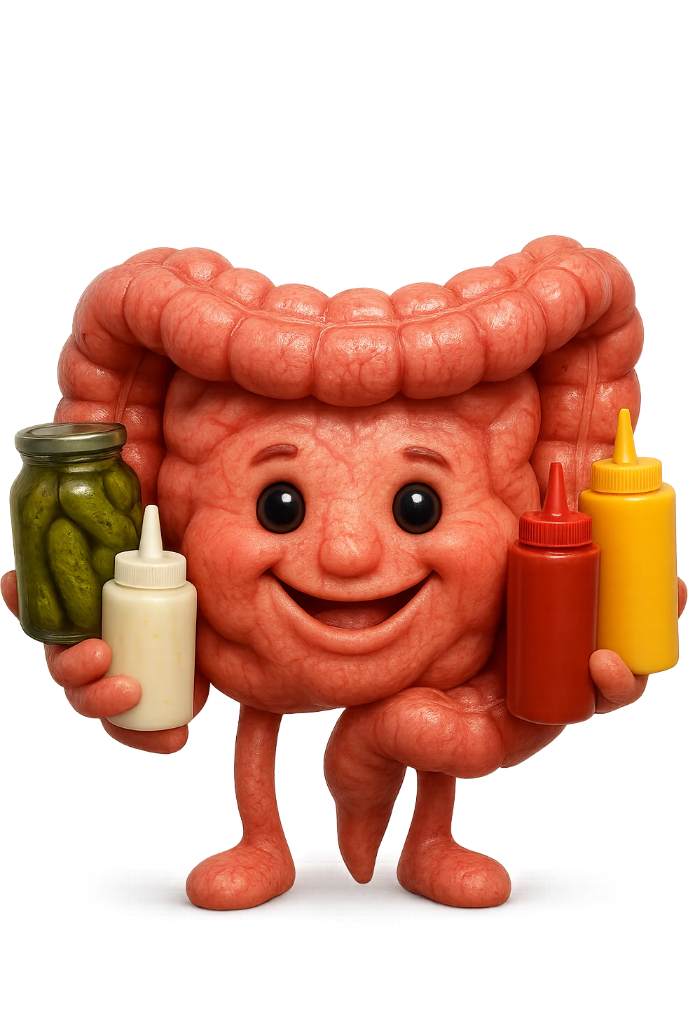 emoji stile iphone di intestino umano con espressione felice mentre tiene in mano cetriolini sottaceto, maionese, salsa barbecue, salsa, senape realistica
IPERREALISTICO 4K emoji