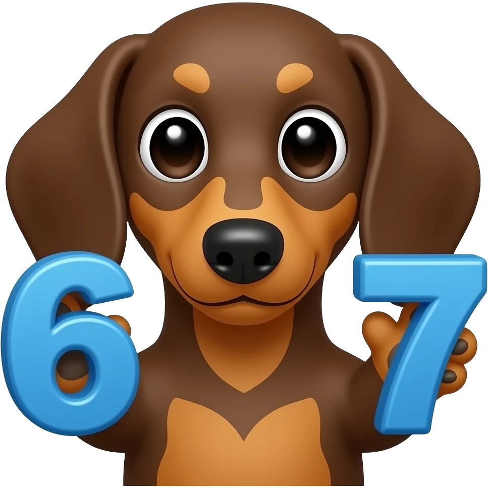 A brown dachshund holds a 6 in one paw and a 7 in the other paw, both of which are blue. emoji