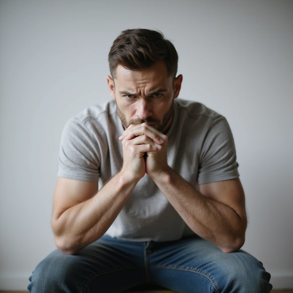 realistic 30-year-old man suffering from anxiety, sitting with hands clasped, tense expression, minimalist background emoji