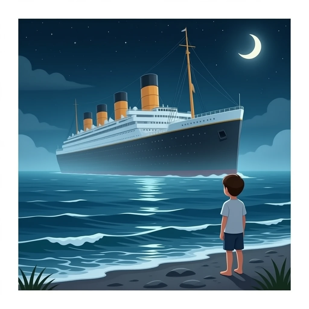 The ghostly ship The Queen Mary floats above the sea while a boy on the shore watches the scene - cut scene emoji