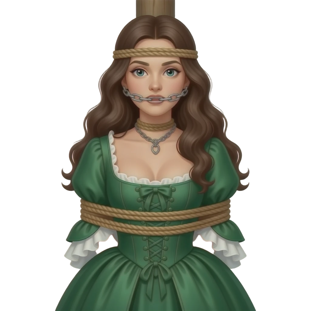 Brunette woman in emerald green 1770s gown with long flowing hair, ample bosom, gagged and bound to tall post, with lower rope tied just beneath bosom and another upper rope tied around her head at mouth level. Upper rope around mouth level only! No chainsin image! No cloth facemask in image! emoji