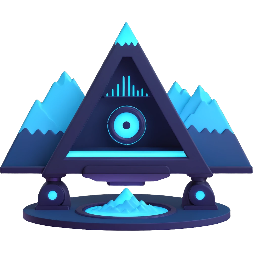 minimalist circular emoji icon for Snypex crypto bot, robotic scanner eye at center, subtle candlestick chart and mountain peak elements, glowing neon cyan and dark navy on black, futuristic clean cybernetic style, readable at small sizes, no text emoji