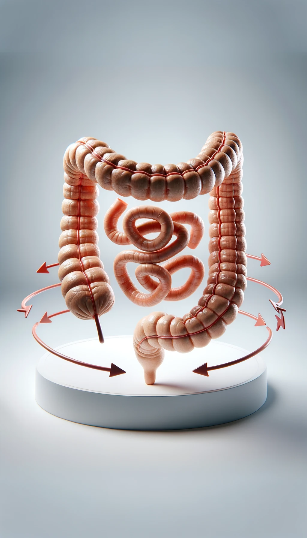 intestino umano anatomico con frecce 3d che gli girano intorno, sfondo chiaro, iperrealistico 4k emoji