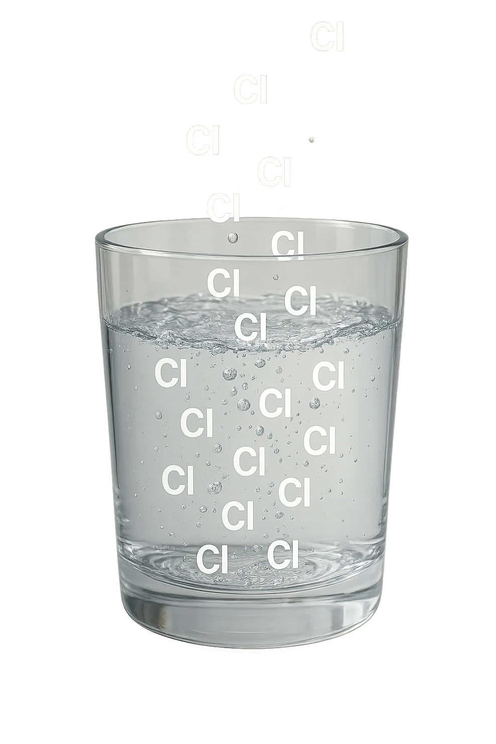 un bicchiere di acqua fluttua in aria realistico e dettagliato, dentro l'acqua del bicchiere ci sono particelle di cloro ben visibili con la scritta "Cl" sopra, ci sono particelle anche che escono dal bicchiere e fluttuano in aria verticalmente, mentre alcune sono all'interno dell'acqua nel bicchiere, iperrealistico 4k emoji