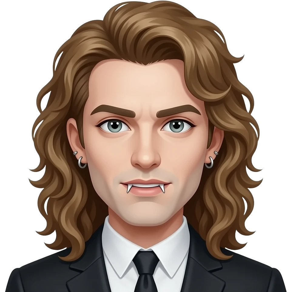 Vampire with a long light brown curly mullet and eyebrow piercing and ear’s piercing emoji